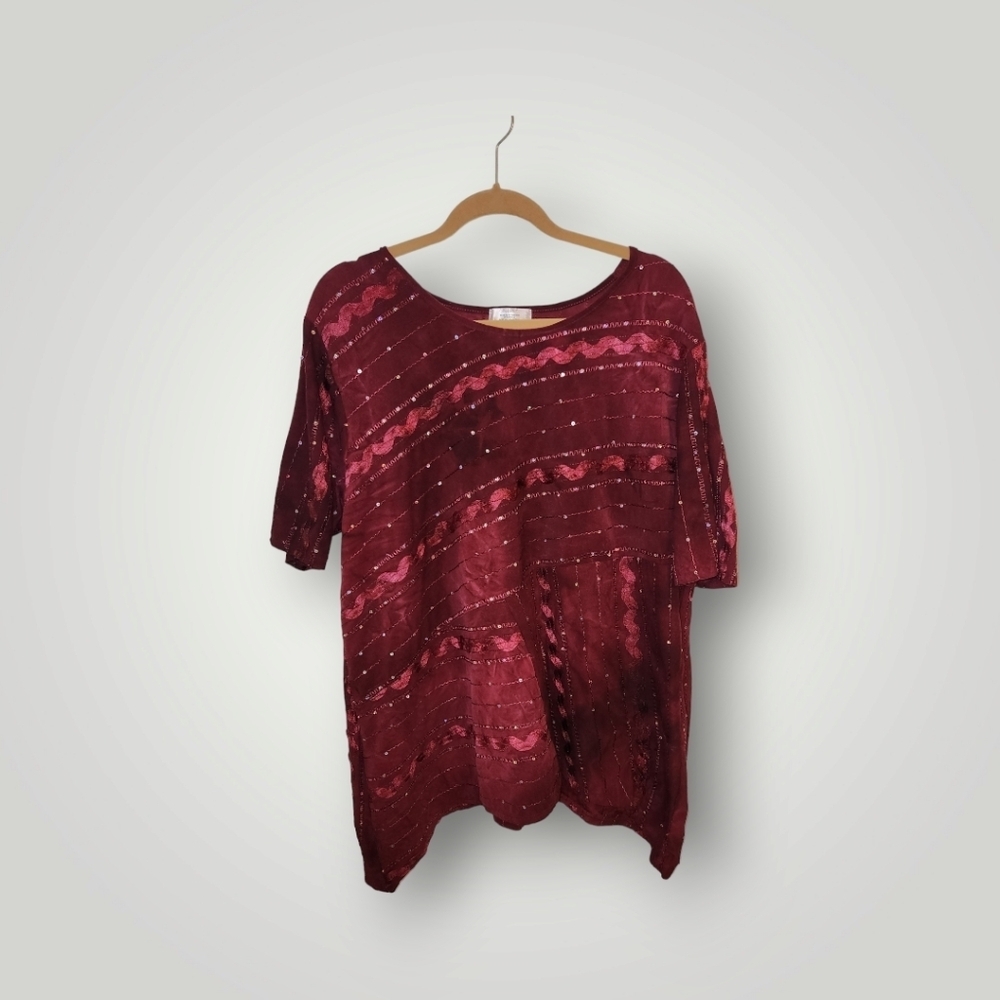 Shannon Ford New York Size 3x burgandy Women Top  Red Blouse Striped